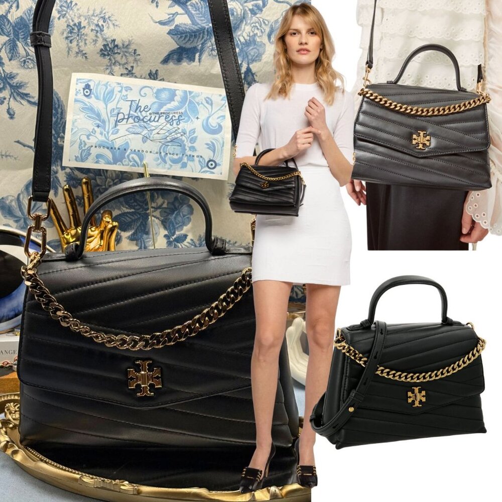 🆕 TORY BURCH 🧿 NWOT Kira Chevron Top Handle Satchel, Black Leather - AUTHENTIC
